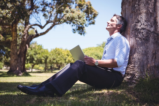 Businessman using laptop in the park