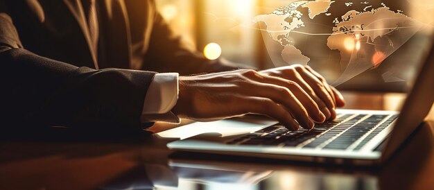 Photo businessman using a laptop and there is a visual technology image in front of the main screen