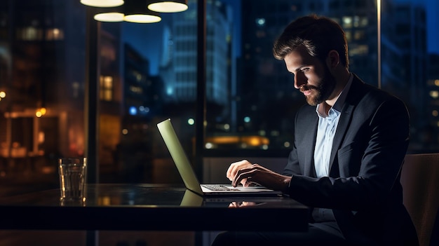 бизнесмен использует ноутбук, работая допоздна в своем офисе