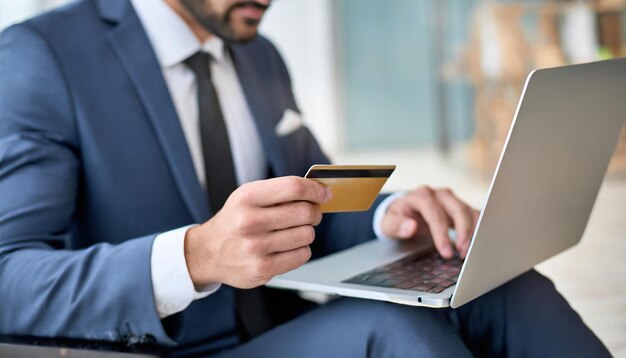 Photo businessman using laptop with credit card concept shopping online