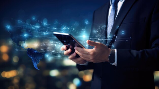 モバイルスマートフォンを使用するビジネスマン ビジネス グローバルインターネット接続 アプリケーション技術とデジタルマーケティング 金融と銀行 デジタルリンク技術 ビッグデータ