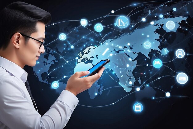 Businessman using mobile smart phone Business global internet connection application technology