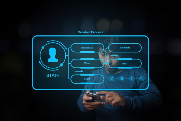 Businessman using mobile smart phone of creative process planning analysis