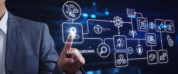 Businessman using people icon development concept information exchange customer service training