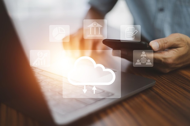 Businessman using phone on internet technology cloud computing