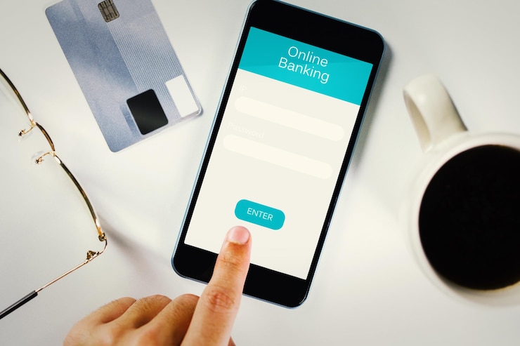 Photo businessman using smartphone against online banking