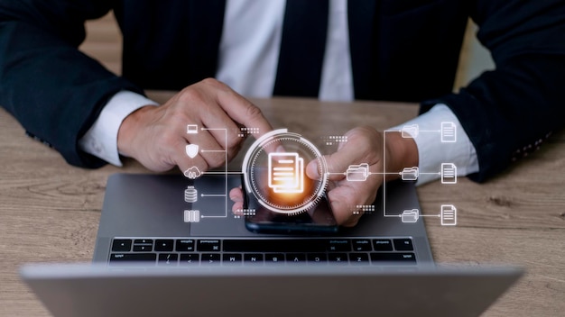 businessman using a smartphone to document management concept online documentation database and digital file storage system or software records keeping database technology file access doc sharing