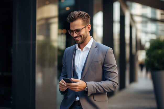 Photo businessman using smartphone on the outside of the modern building