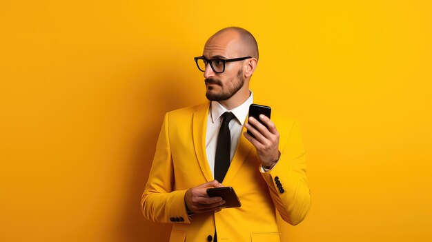 Businessman using smartphone on yellow background