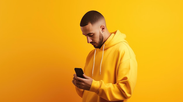 Businessman using smartphone on yellow background