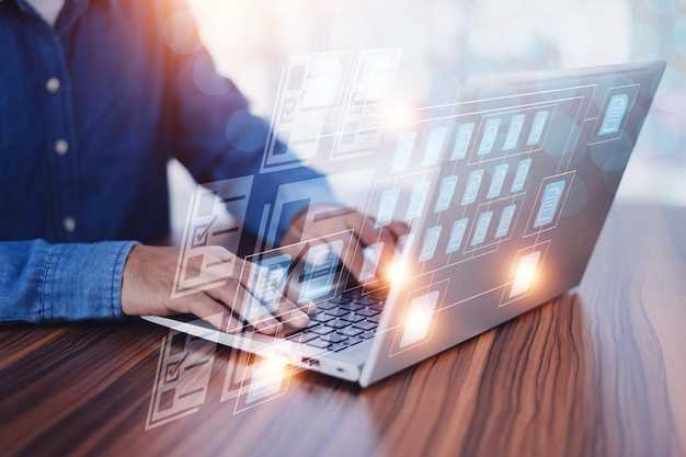 businessman using software computer check data document on server for documents management concept