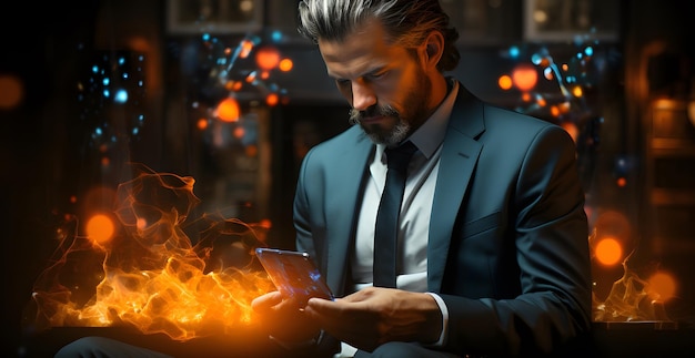 Businessman using a tablet computer with a burning fire in the background