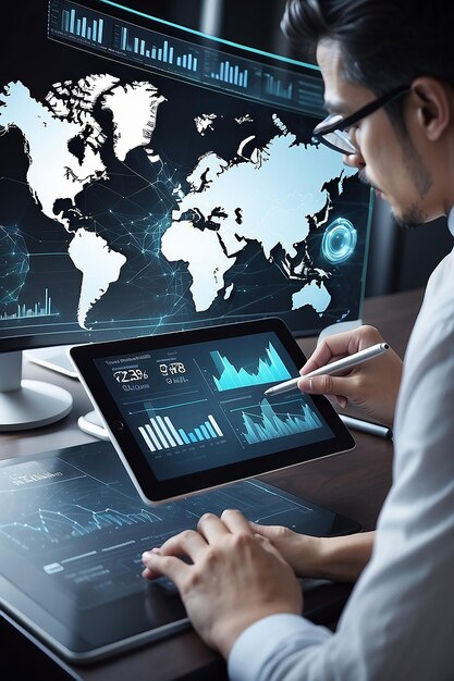 Businessman using tablet data analysis interface global network