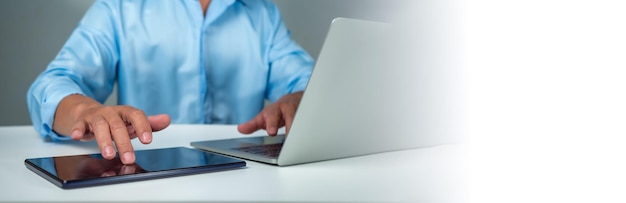 Photo businessman using tablet to login represents protection concept of cyber security