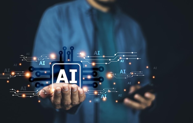 Businessman using technology Ai concept of artificial intelligence use analytics automation and an autonomous brain big data management computer connection information