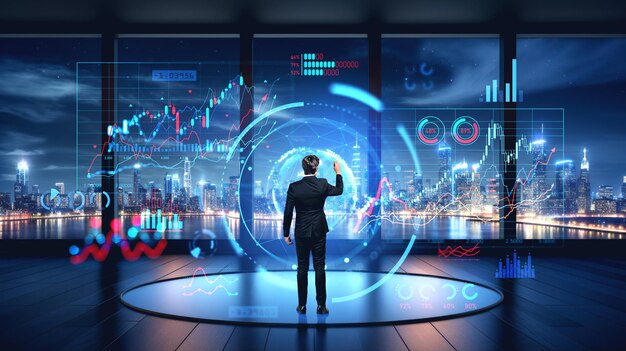 Businessman using virtual screen with earth globe and digital data dashboard office room with forex analysis and graph chart Panoramic window on skyline Concept of business infographic