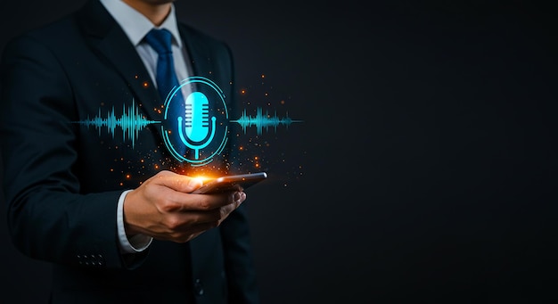 Бизнесмен использует голосового ассистента на смартфоне с помощью AI, распознавания речи, умной автоматизации.