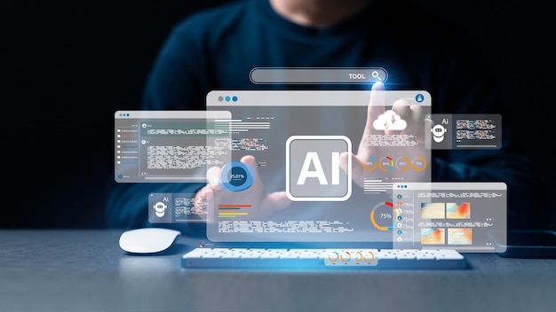 businessman using the website or software technology AI to help and support work for chatbot chat ai generate image write code and data analysis using technology smart robot AI