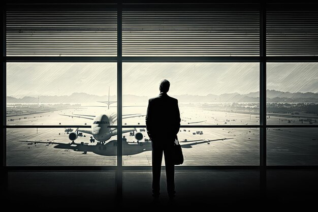 滑走路の眺めで窓の外を見て飛行を待っているビジネスマン