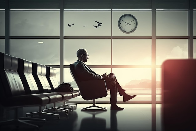 편안한 좌석과 세련된 장식을 갖춘 현대적인 공항 라운지에서 비행기를 기다리는 사업가