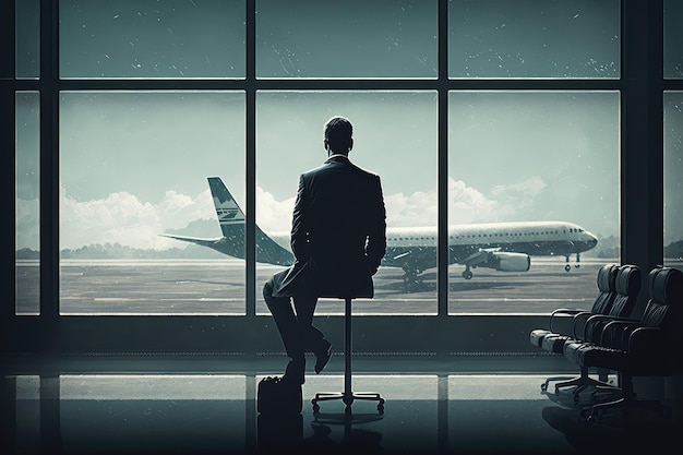 Businessman waiting for flight to take off gazing out the window