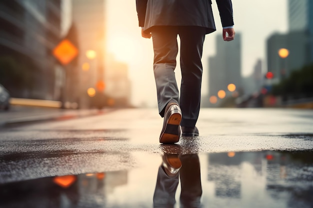 businessman walk on road and start to success close up shoes walking goal and target concept