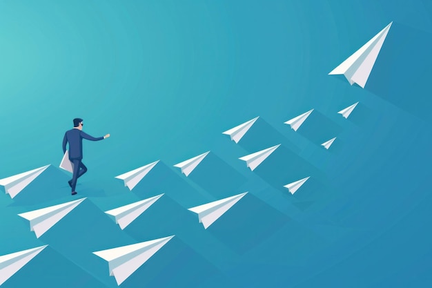 businessman walking away from paper airplanes in blue background reflecting on career journey and success