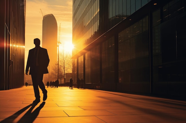 Businessman walking in the city at sunset 3D Rendering A contemporary image of a business person silhouette AI Generated