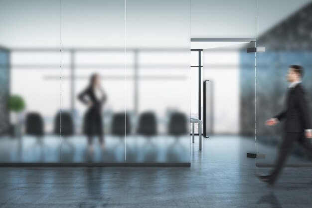 Businessman walking in conference interior hall with blurred glass wall