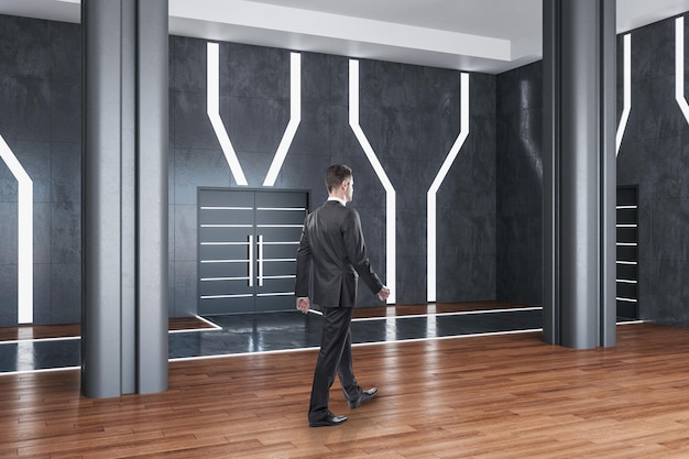 Businessman walking in contemporary hall room with gray wall and door concept of interior design 3d rendering