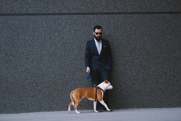 Uomo d'affari che cammina cane in strada.