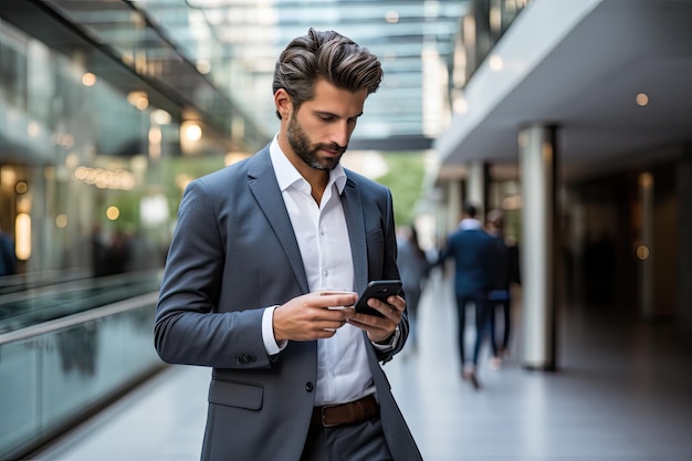 businessman walking down a hallway looking at his phone The focus is on the businessman and the hallway is slightly blurred