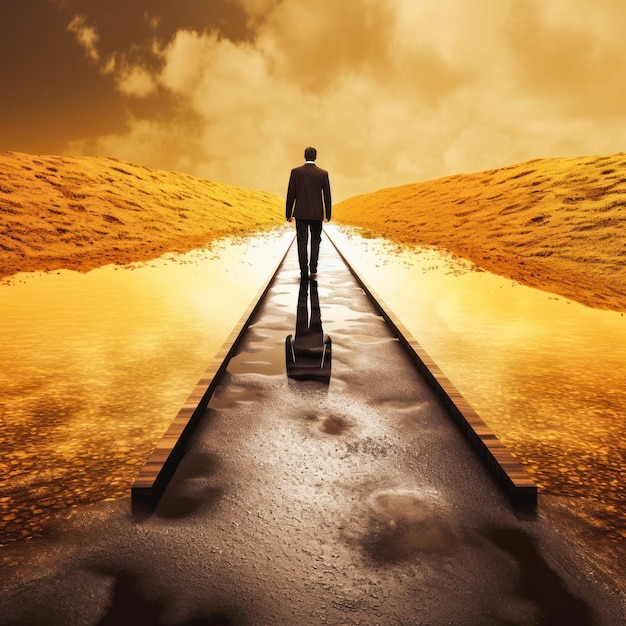 businessman walking on the golden path