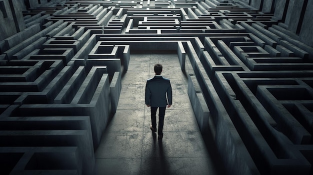 Businessman walking in a maze or labyrinth