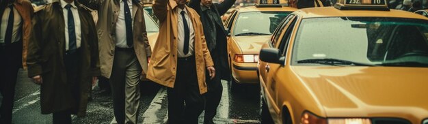 Photo businessman walking on the street with yellow taxi cab in the citygenerative ai