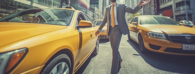 Foto uomo d'affari che cammina per strada con un taxi giallo in città