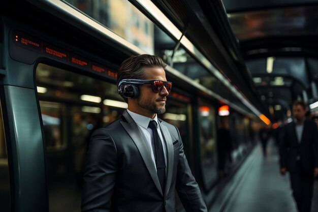 Photo businessman walking in the subway working by virtual reality