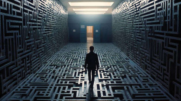 Photo a businessman walking towards an empty maze