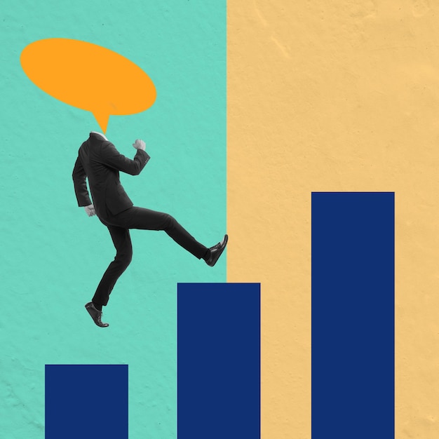 Businessman walking up career ladder overcoming obstacles reaching success