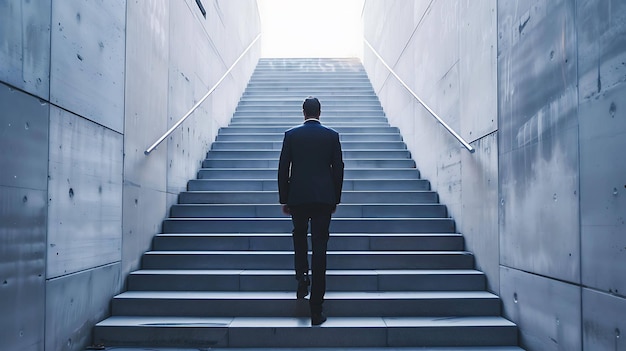 Businessman walking up a flight of stairs toward the light