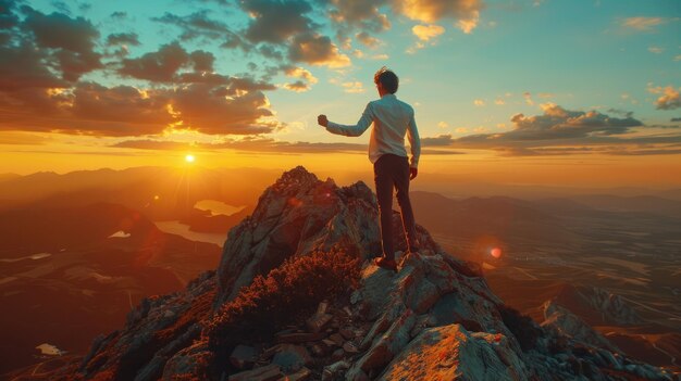 a businessman walking up a mountain peak with Raise a fist