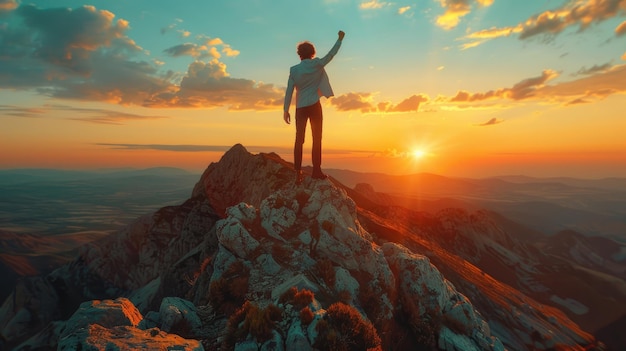 a businessman walking up a mountain peak with Raise a fist