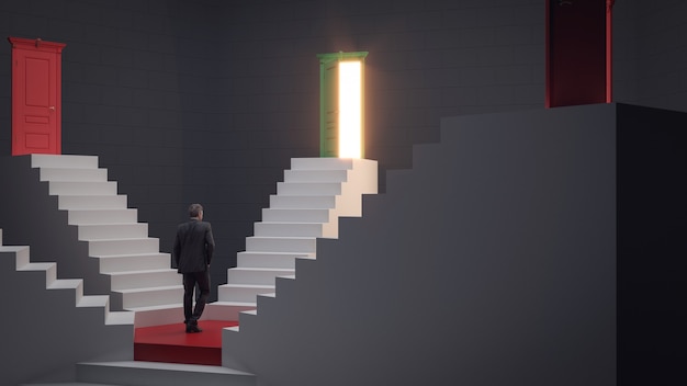 businessman walking up on stairs to the door of opportunity success and achievement concept