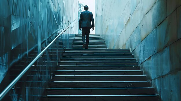 Businessman walking up the stairs to success