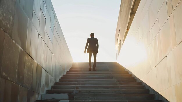 Businessman walking up the stairs to success