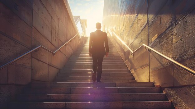 Businessman walking up the stairs to success