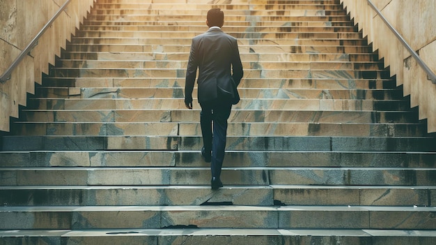 Businessman walking up the stairs to success