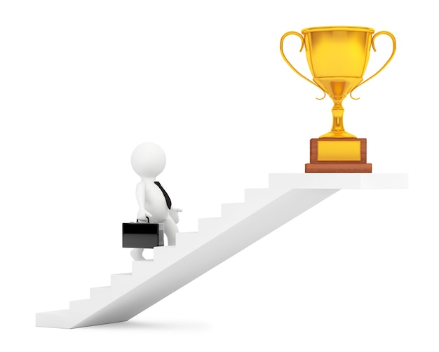 Businessman Walking Up Stairs to Trophy Win Price on a white background. 3d Rendering