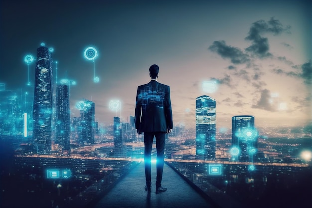 Businessman walking on virtual reality platform to futuristic smart city