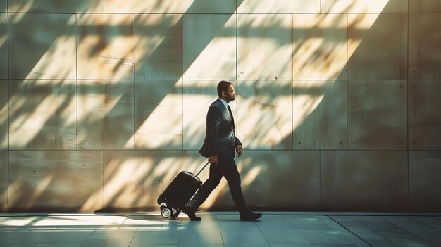 Photo businessman walking with his luggage in the airport terminal